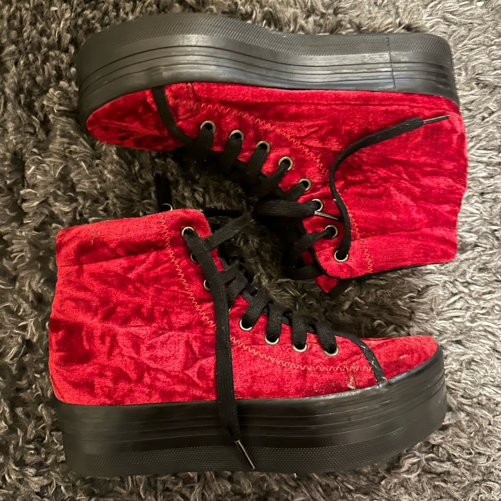 JC Play hi-top creepers in crushed red velvet. Size 9